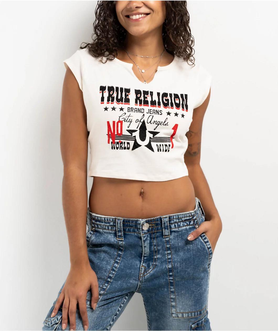 True Religion Crystal Western Notch Natural Crop T-Shirt Product Image