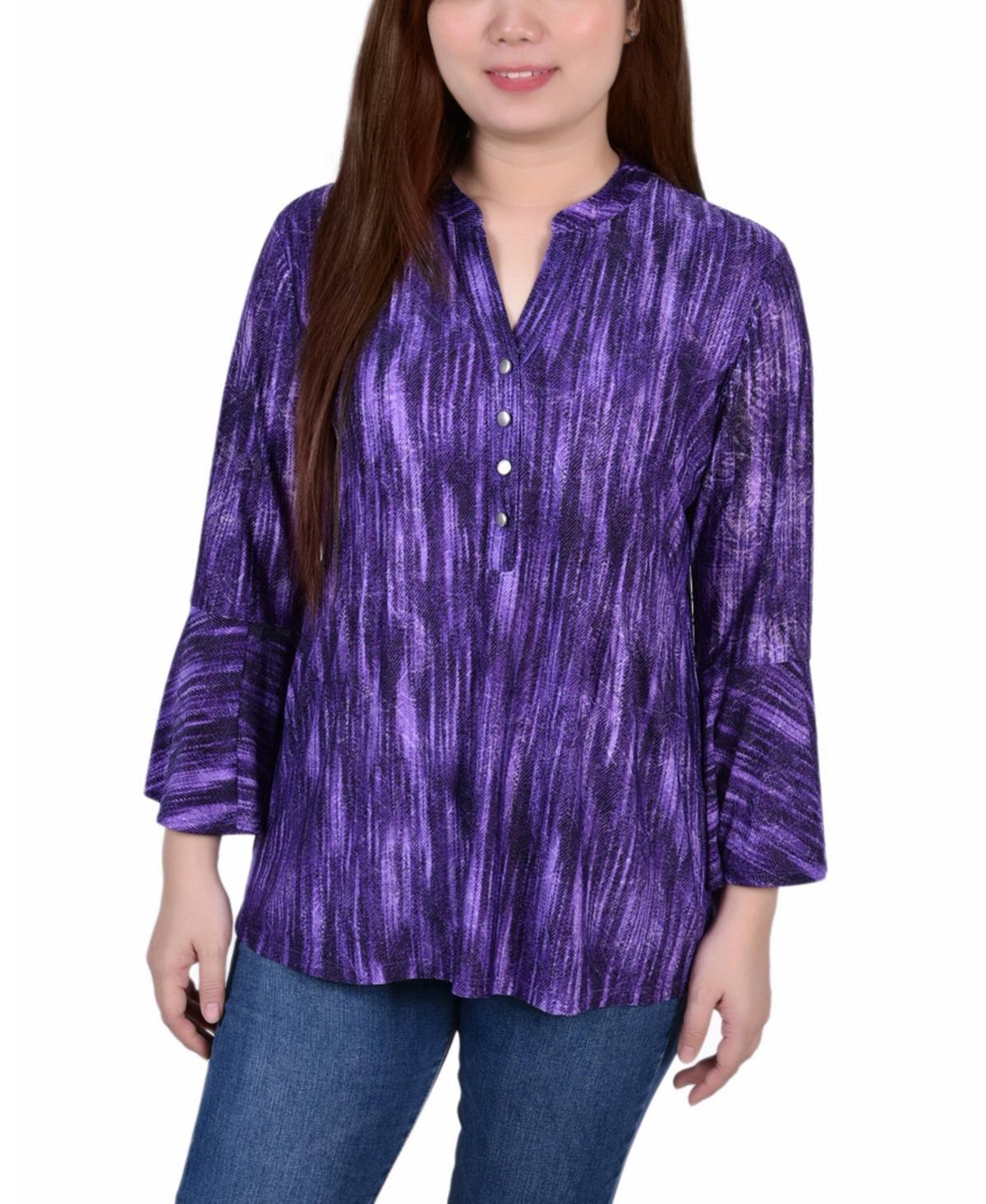 Ny Collection Petite 3/4 Bell Sleeve Printed Pleat Front Y-neck Top Product Image