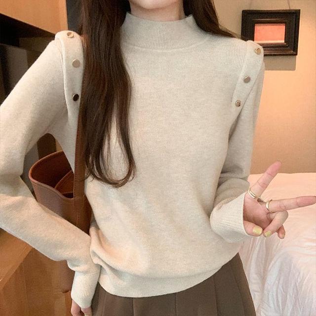 Long-Sleeve Mock Neck Button Accent Ribbed Knit Top Product Image