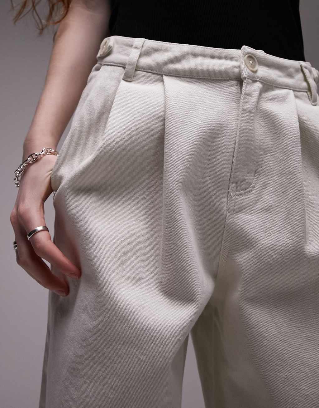 Topshop button tab detail straight leg pants in ecru Product Image