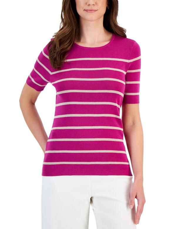 Tahari Asl Womens Striped Round-Neck Short-Sleeve Sweater Top Product Image