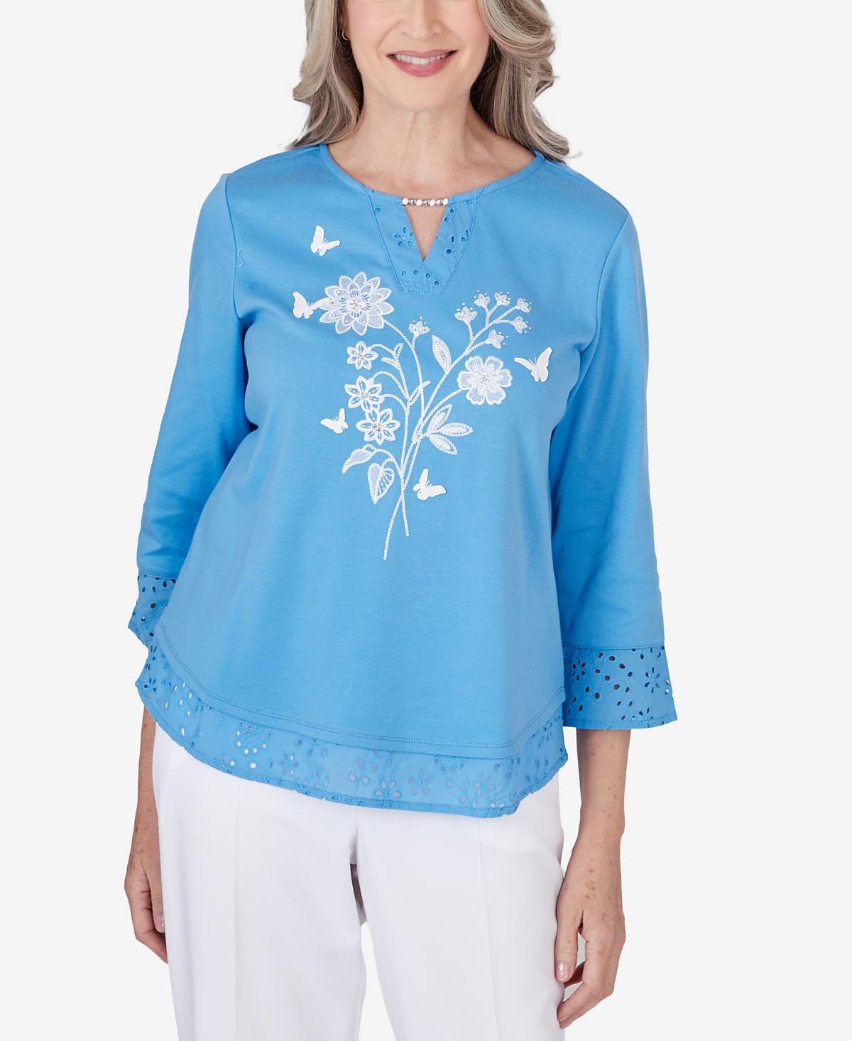 Womens Alfred Dunner Floral Embroidery Top with Eyelet Details Product Image