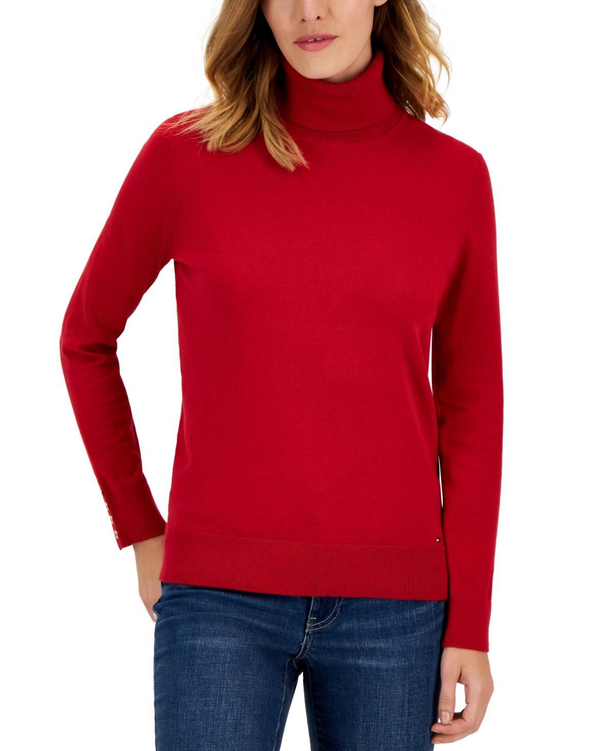 Tommy Hilfiger Womens Cotton Solid Button Cuff Turtleneck Sweater Product Image