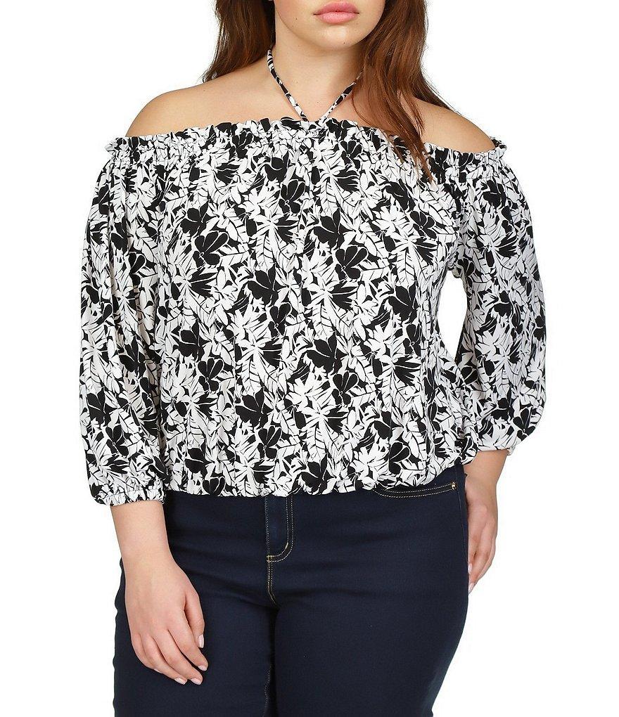 Michael Kors Plus Size Floral Printed Smocked Off-The-Shoulder Long Sleeve Blouson Blouse Product Image