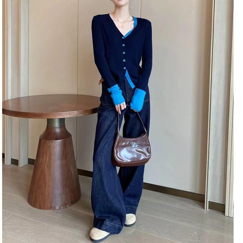 Long-Sleeve V-Neck Two Tone Button Knit Top Product Image