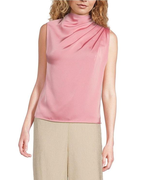 Donna Karan Satin Mock Neck Sleeveless Draped Shoulder Top Product Image