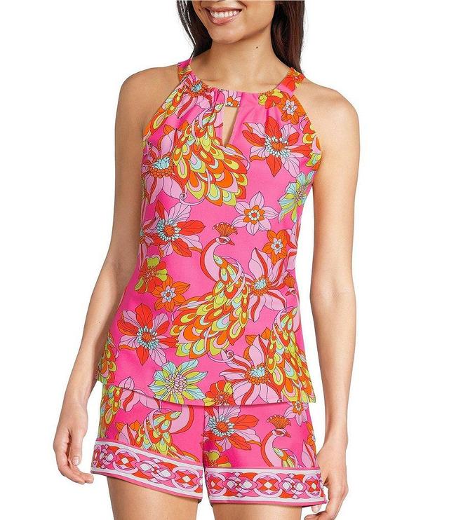 Jude Connally Claire Knit Twirling Peacock Print Keyhole Halter Neck Sleeveless Coordinating Top Product Image