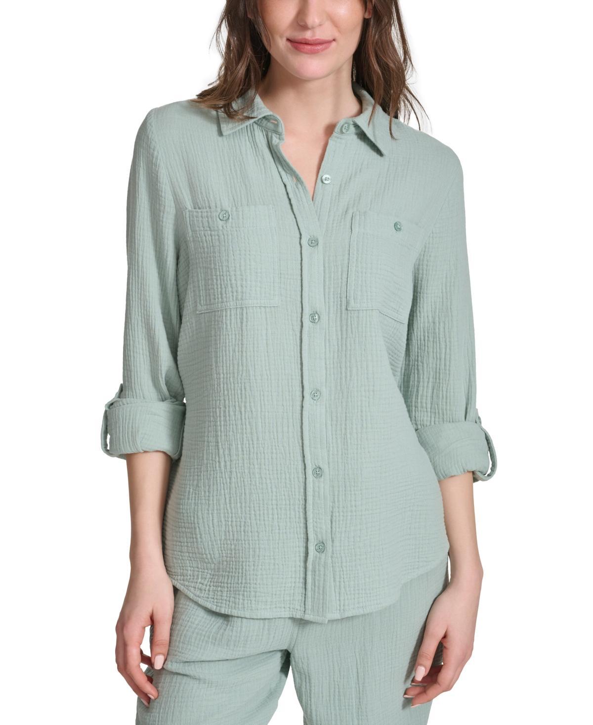 Calvin Klein Jeans Womens Double-Crepe Button-Down Roll-Tab-Sleeve Shirt Product Image