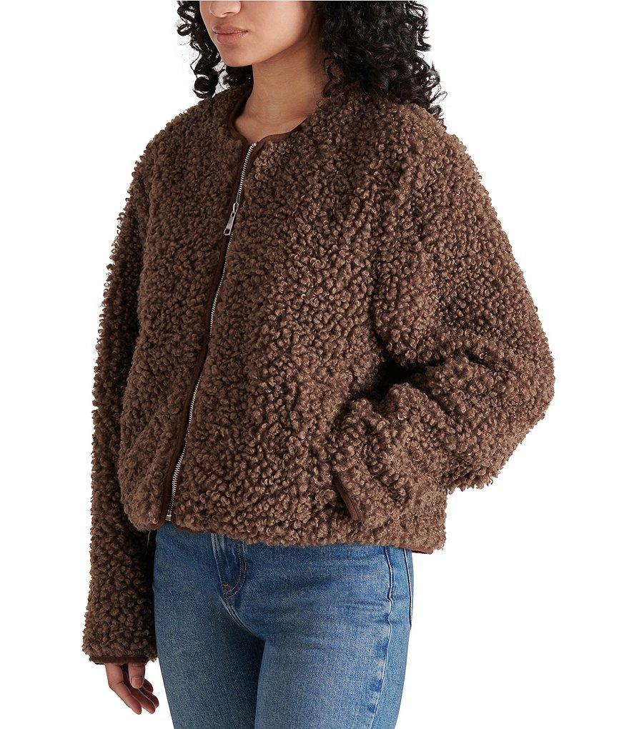 Steve Madden Teddy Sherpa Round Neck Long Sleeve Front Zipper Jacket Product Image