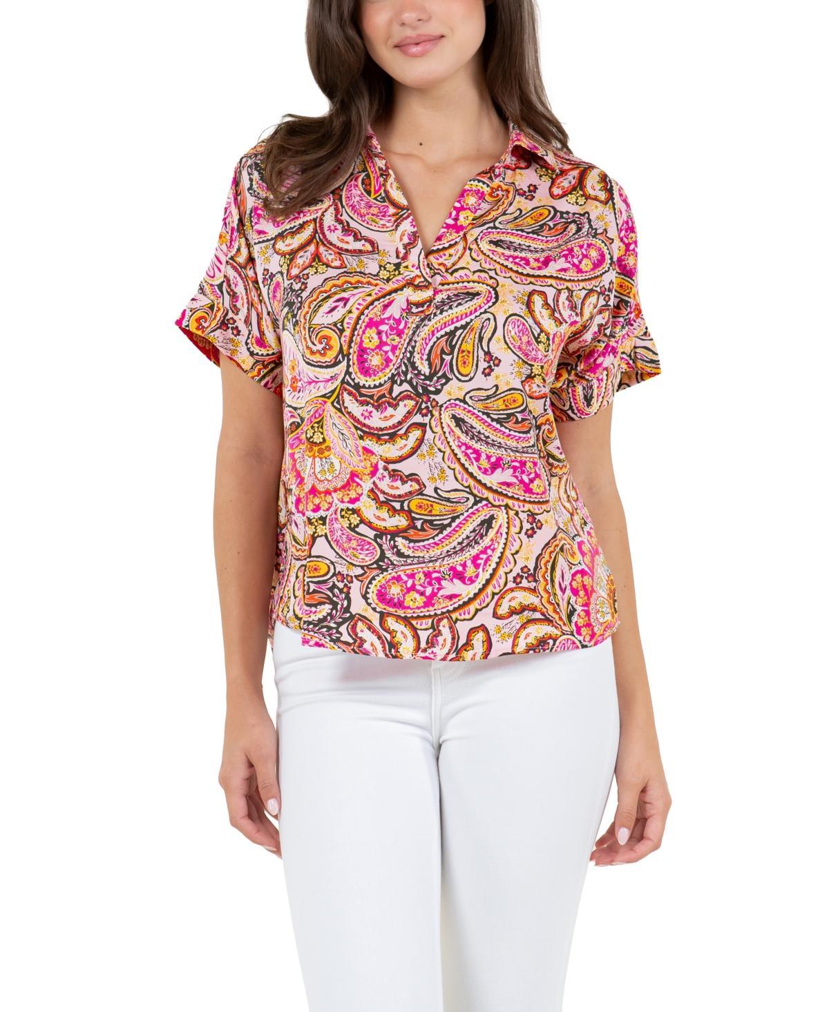 Fever Womens Printed Satin Like Top with Collar - Whisper White Product Image