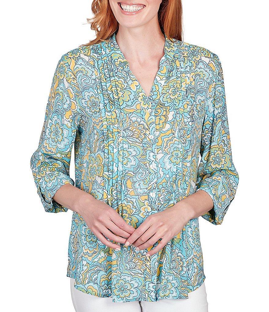 Ruby Rd. Floral Print Woven Y-Neckline Roll-Tab Sleeve Button-Front Shirt Product Image