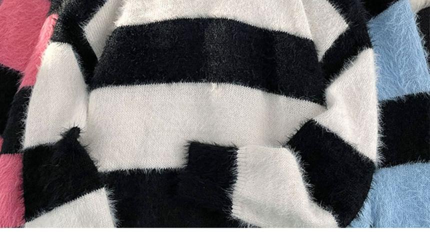 Crew Neck Striped Fluffy Oversized Sweater Product Image