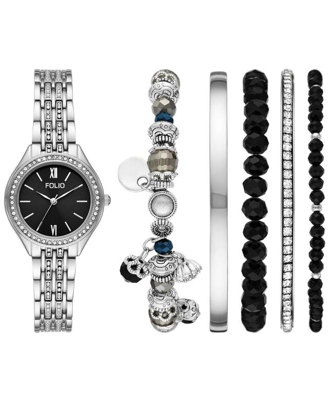 Folio Womens Silver Tone with Black Dial Bracelet Watch & Stackable Bracelet Set Product Image