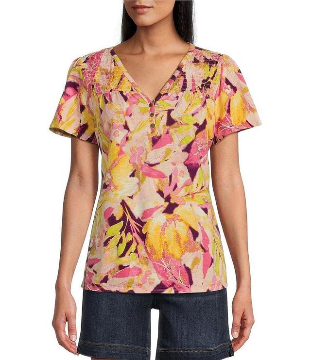 Westbound Cluster Garden Floral Print V-Neck Flutter Short Sleeve Smocked Button Front Detail Top Product Image