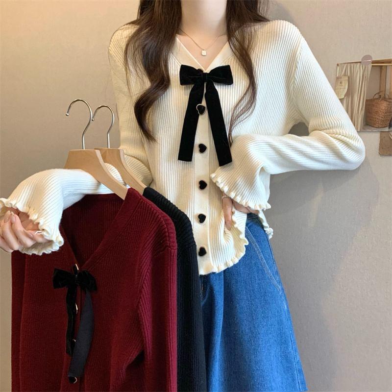 Long-Sleeve V-Neck Bow Heart Button Ribbed Knit Top Product Image