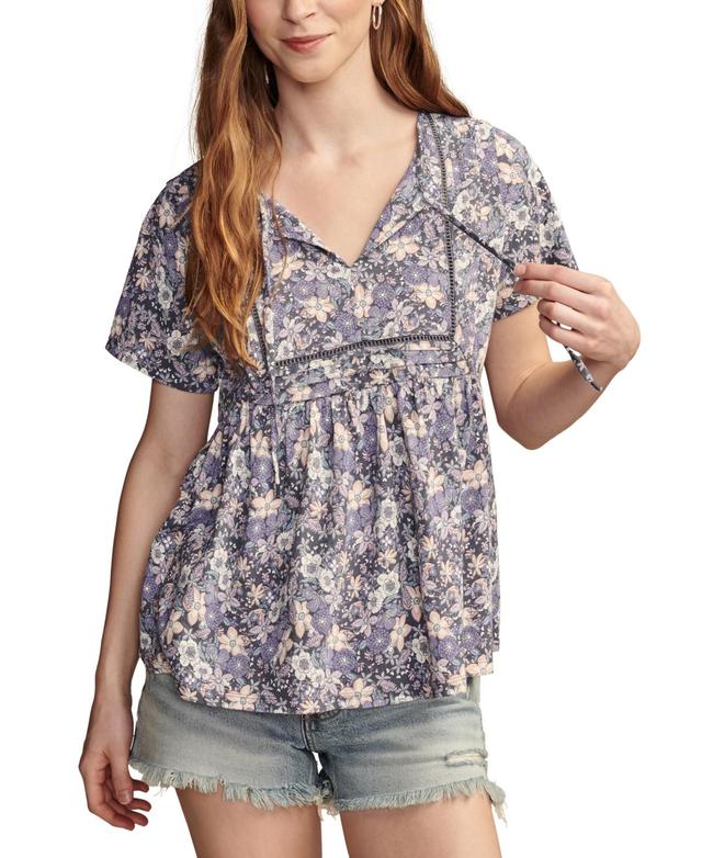 Lucky Brand Womens Printed Pintuck Split-Neck Cotton Top Product Image