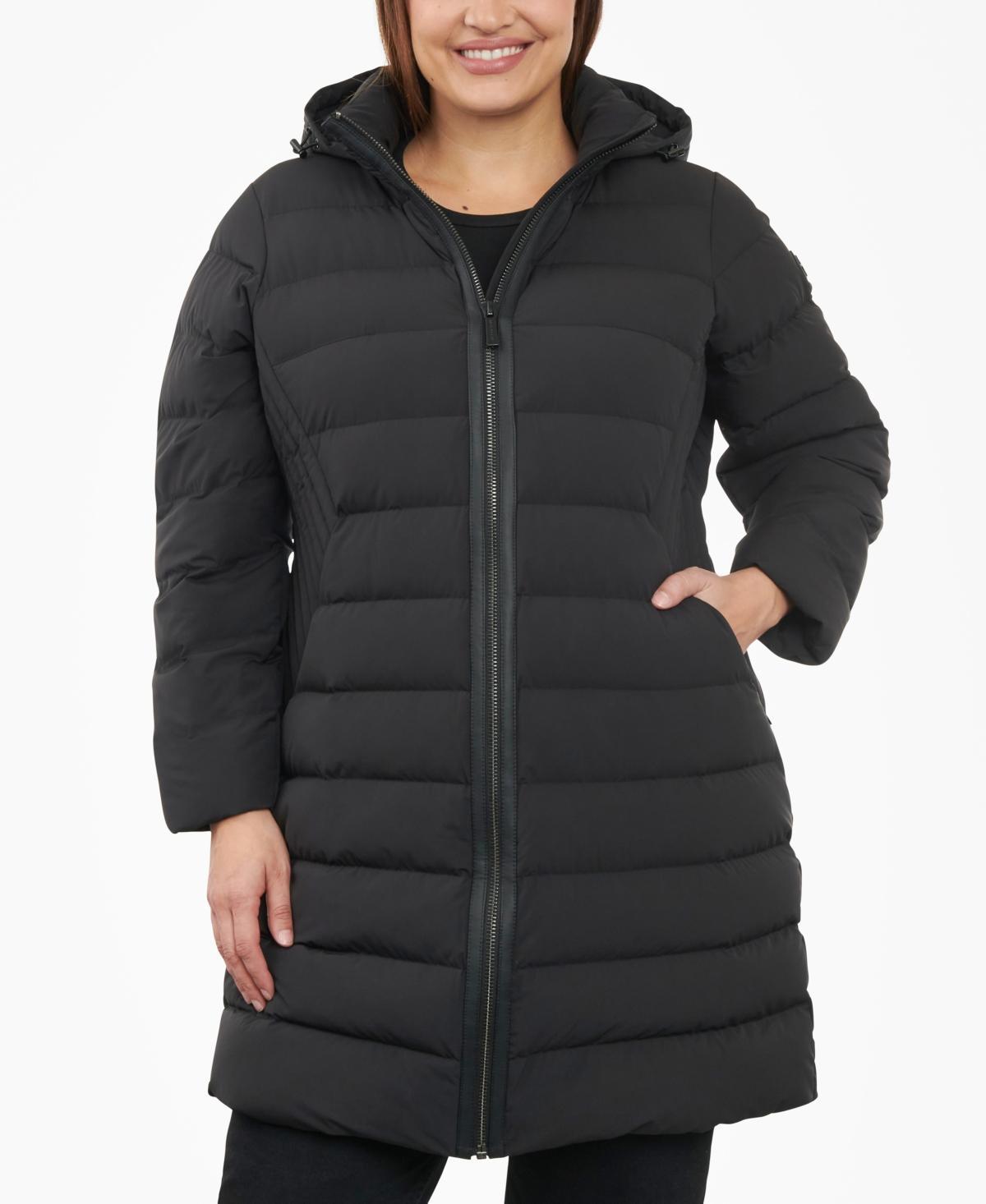 Michael Michael Kors Womens Plus Size Hooded Faux-Leather-Trim Puffer Coat Product Image