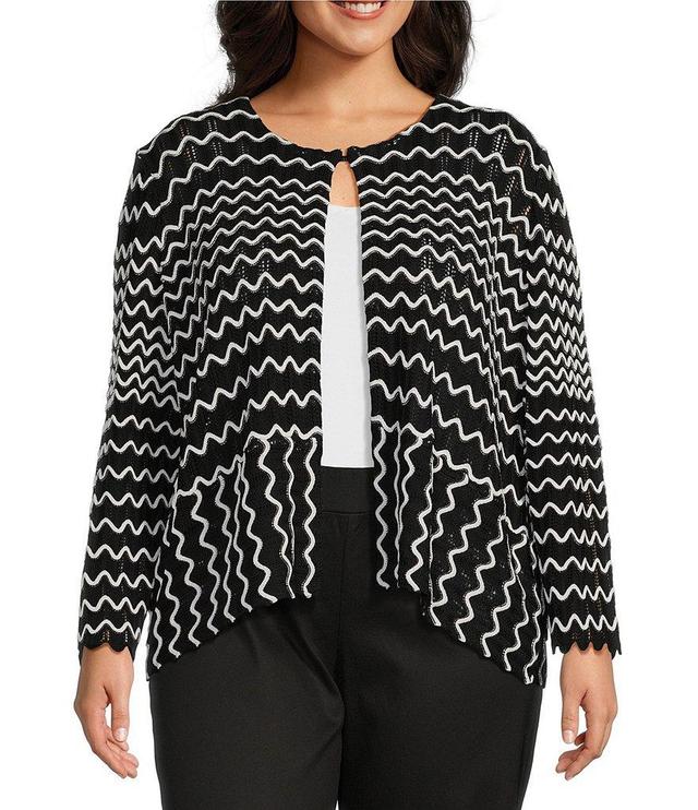 Ming Wang Plus Size Knit Zig-Zag Pattern Round Neck Long Sleeve Hook Front Jacket Product Image