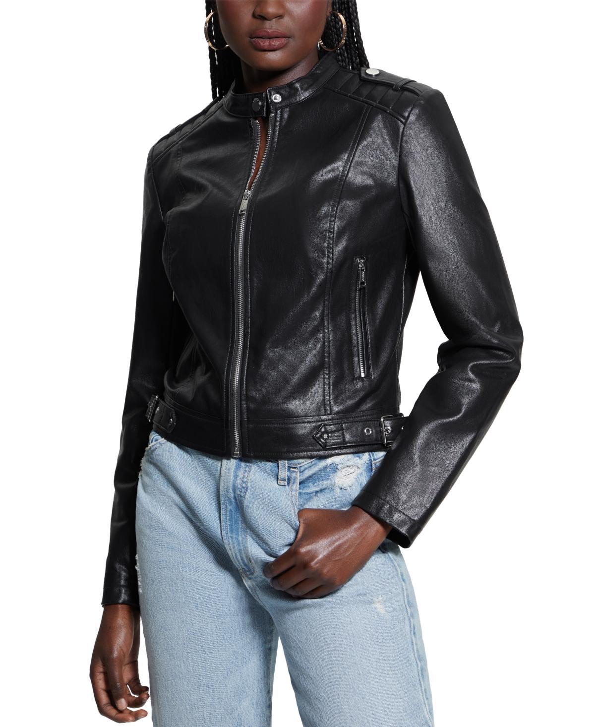 Guess Womens Faux-Leather Moto Jacket with Snap Collar Product Image