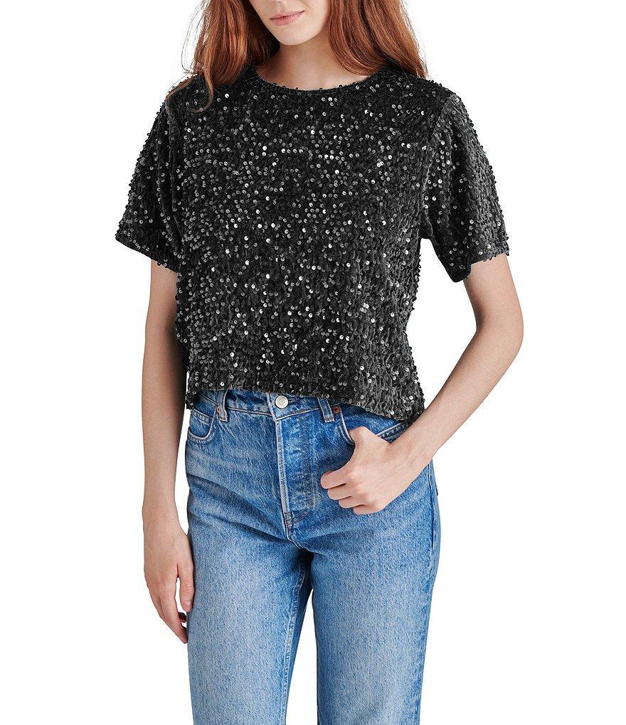 Steve Madden Cressa Sequin Velvet Crew Neck Short Sleeve Top Product Image