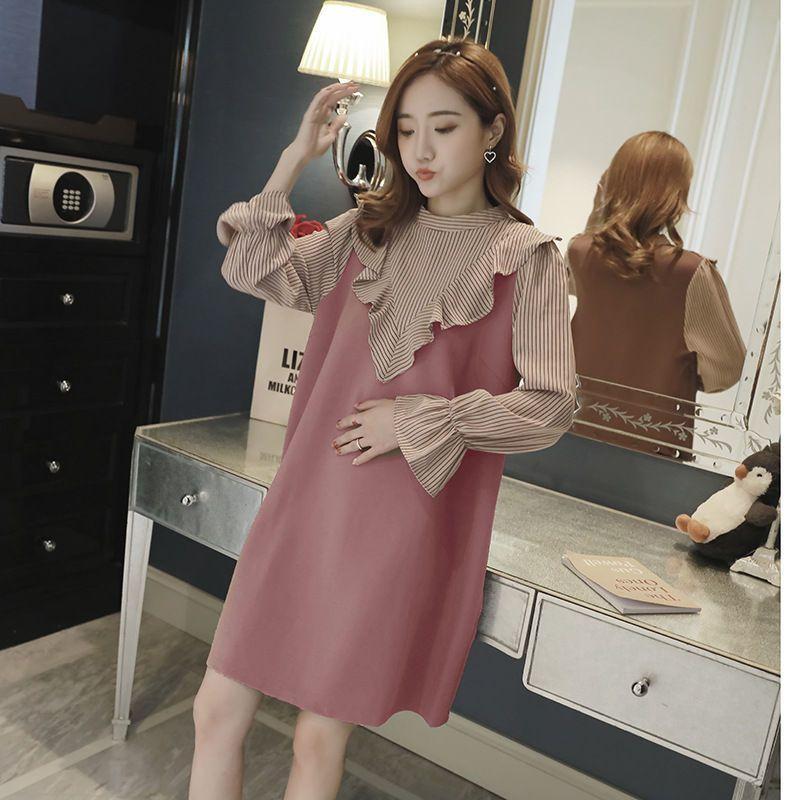 Maternity Striped Panel Long-Sleeve A-Line Dress Product Image