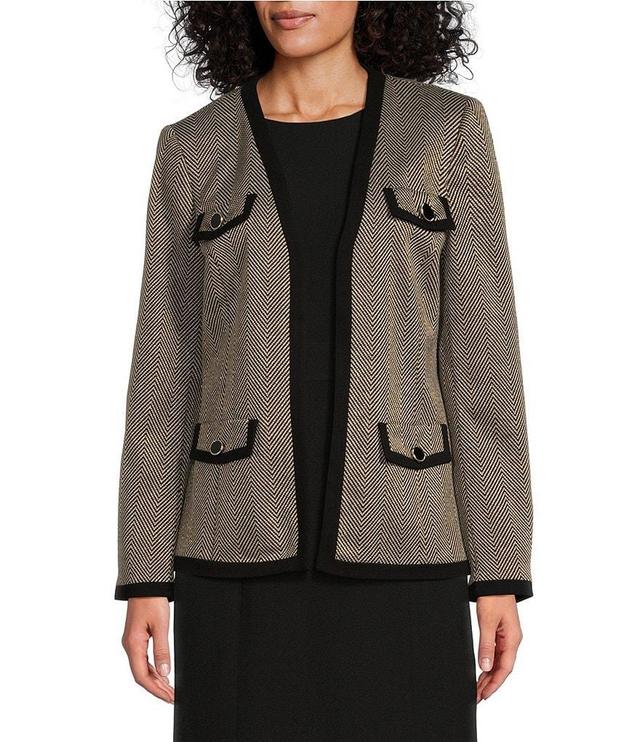 Kasper Shimmer Herringbone Framed Patch Pocket Long Sleeve Open Cardigan Product Image