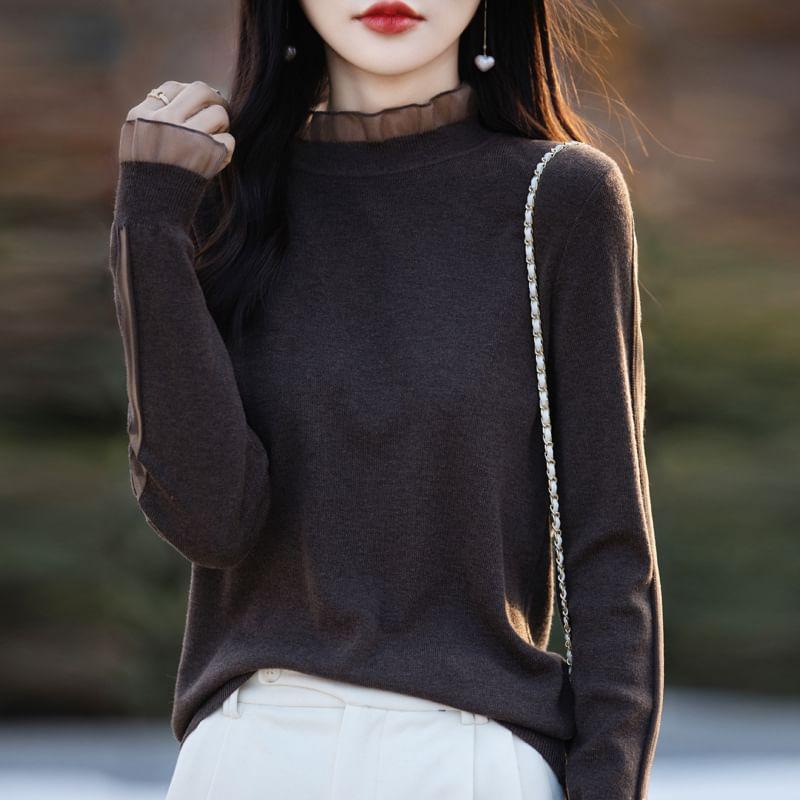 Long Sleeve Mock Neck Plain Frill Knit Top product image