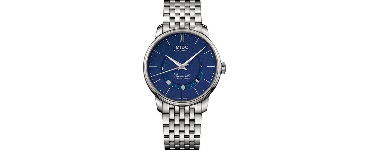 Mido Mens Swiss Automatic Baroncelli Smiling Moon Stainless Steel Bracelet Watch 39mm - Blue Product Image