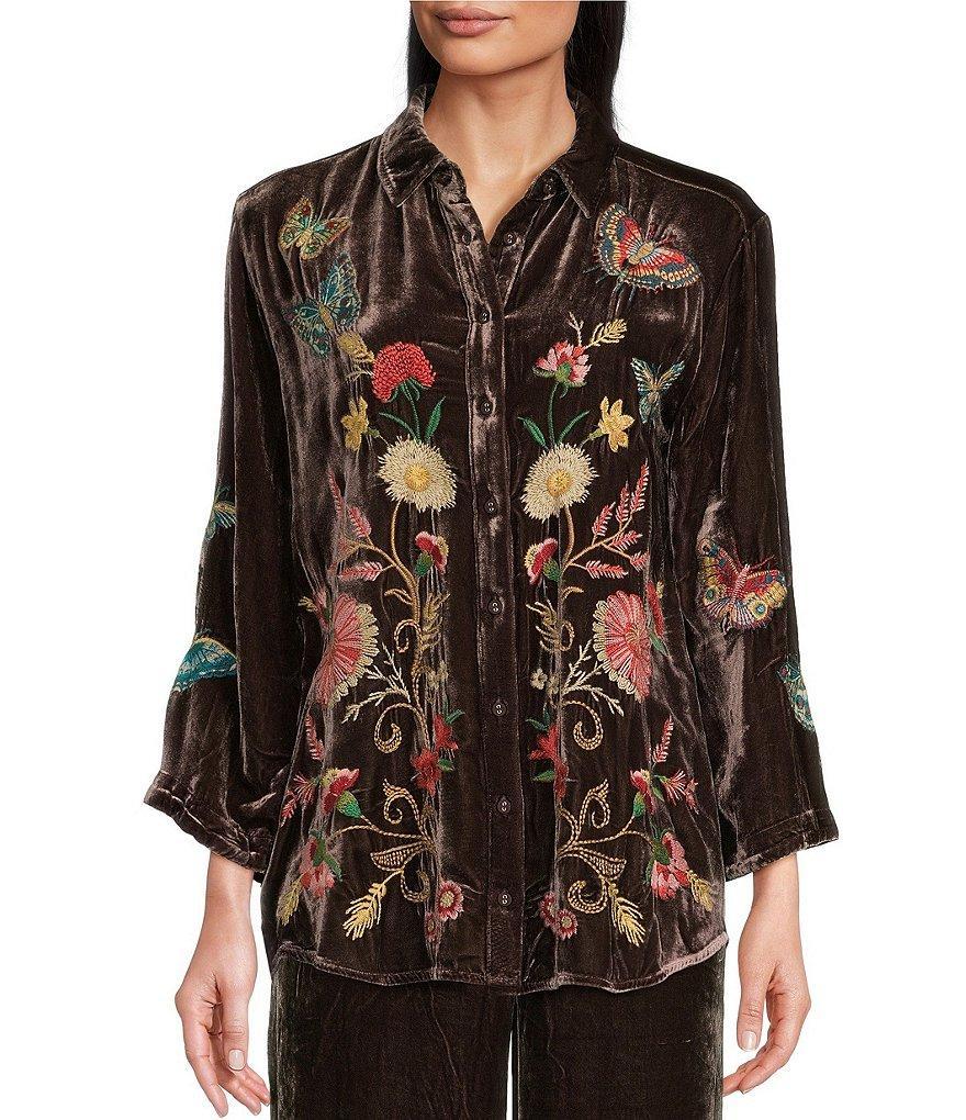 JOHNNY WAS Embroidered Velvet Floral Print Point Collar Long Kimono Sleeve Button Front Shirt product image