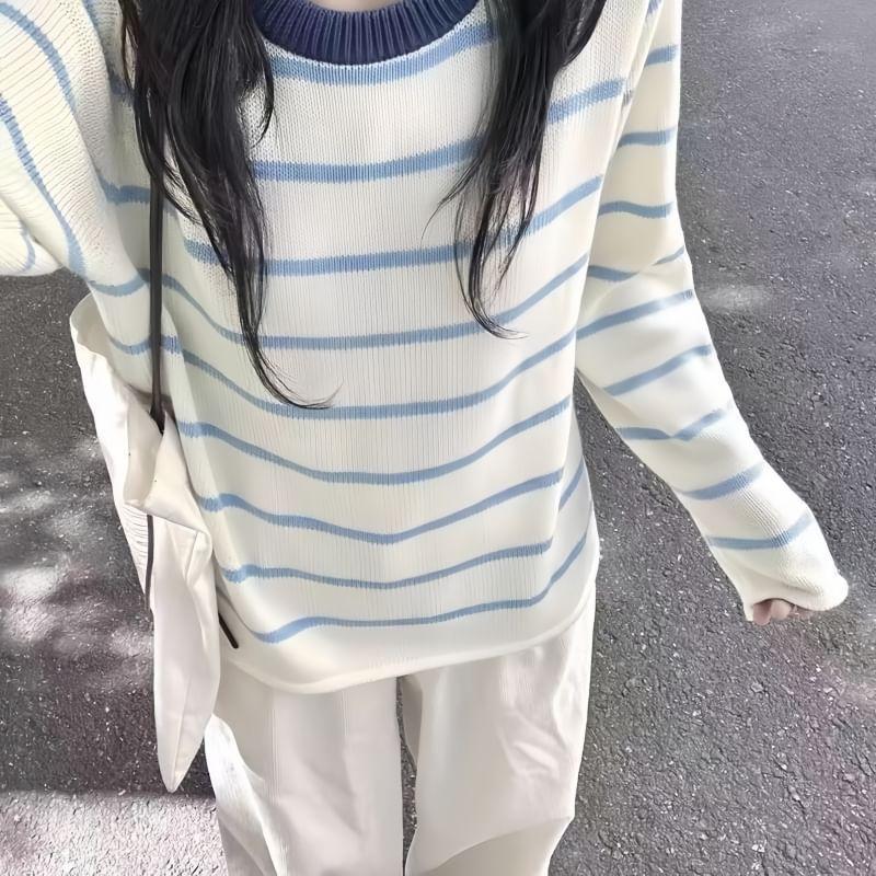 Long-Sleeve Crewneck Striped Knit Top Product Image