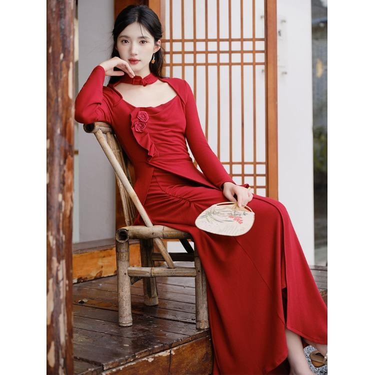 Long-Sleeve Stand Collar Plain Asymmetrical Cutout Ruched Maxi A-Line Dress Product Image