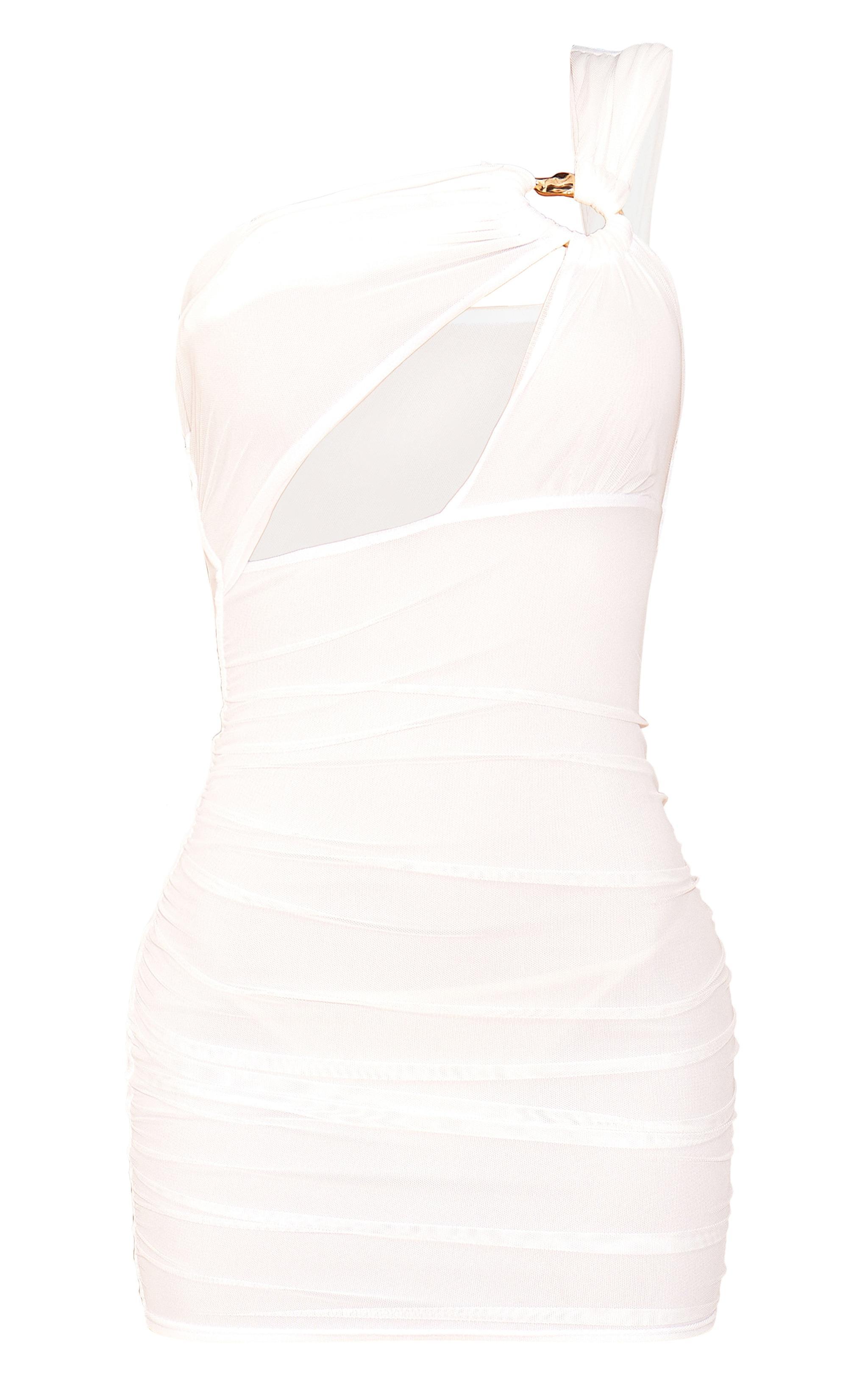 White Print Lined Mesh Ring Detail Bodycon Dress Product Image