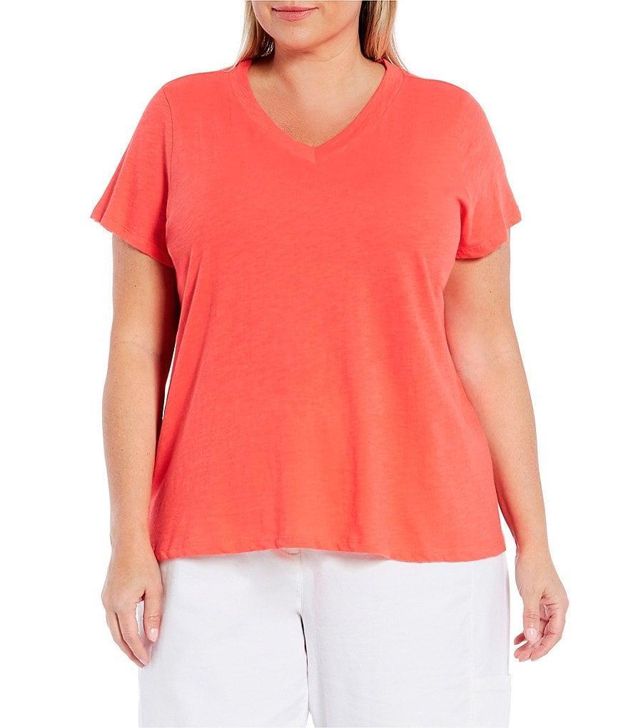 Eileen Fisher Plus Size Organic Cotton Slub Jersey Knit V-Neck Short Sleeve Tee Shirt Product Image