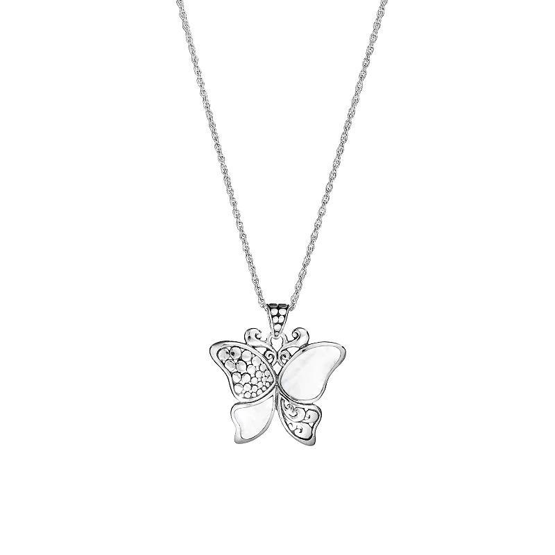 Athra NJ Inc Sterling Silver Oxidized Mother-of-Pearl Dots Butterfly Necklace, Womens Product Image