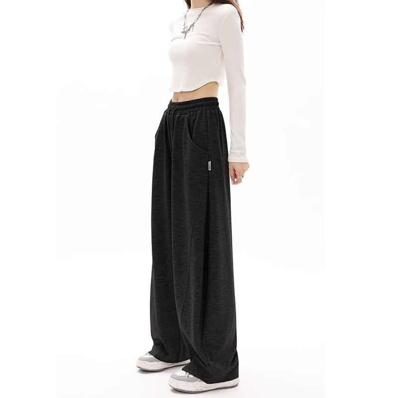 Mid-Waist Drawstring Pocketed Wide-Leg Plain Sweatpants Product Image