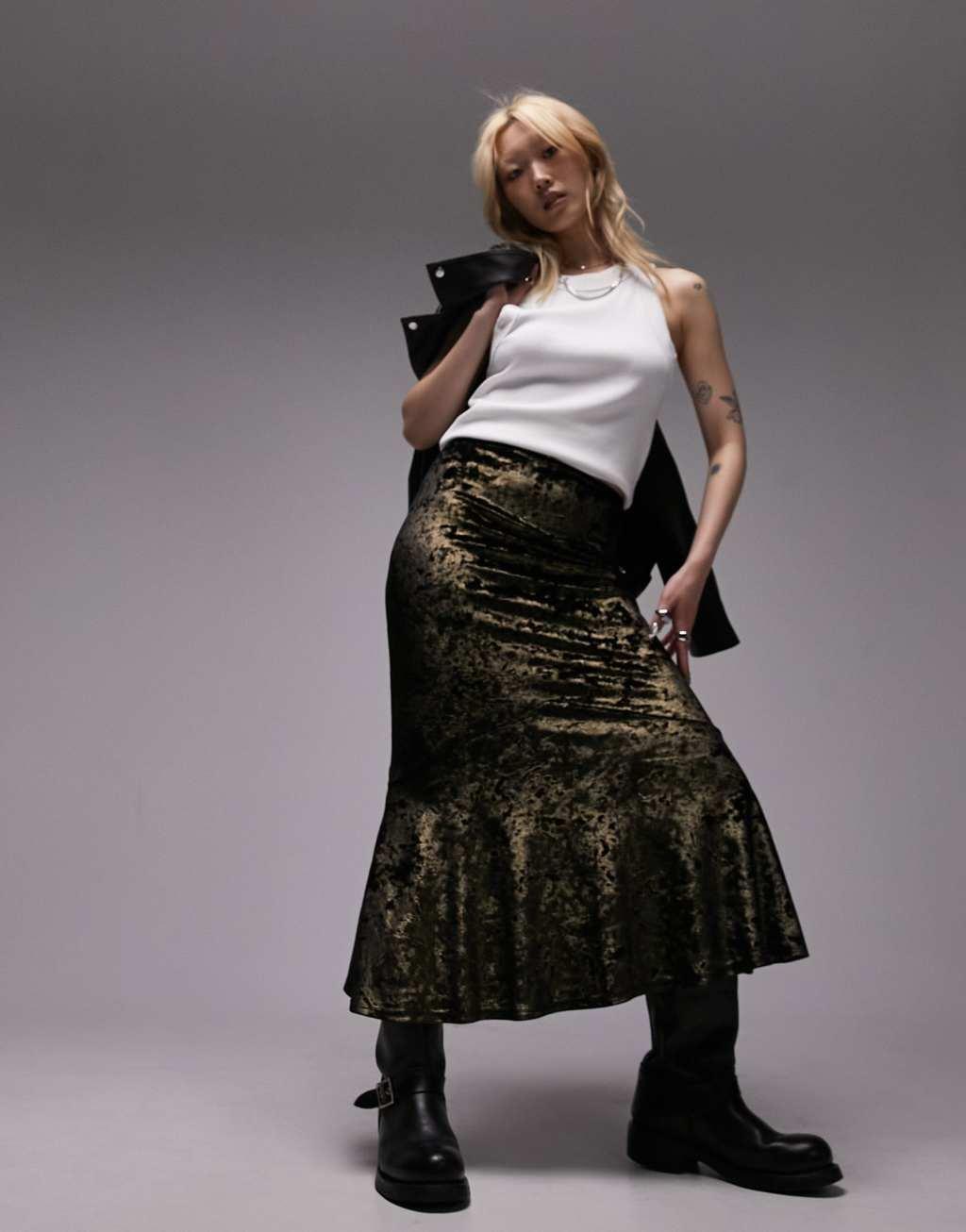 Topshop Petite crushed velvet fishtail maxi skirt Product Image