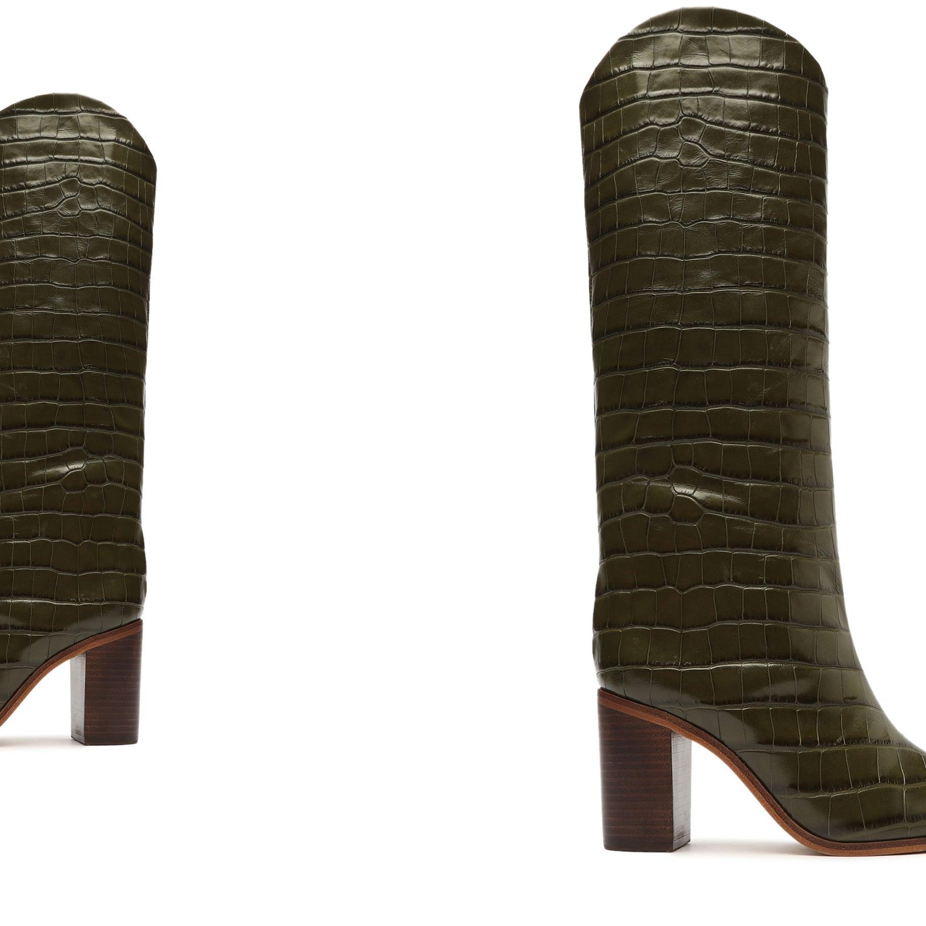 Maryana Block Crocodile-Embossed Leather Boot - 5 Military Green Crocodile-Embossed Leather Product Image