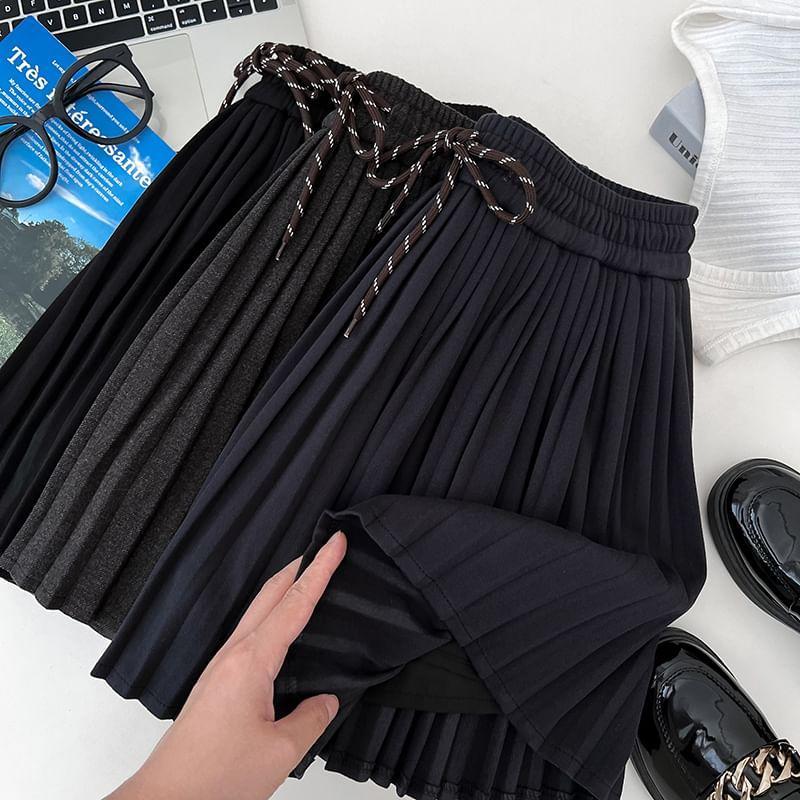 Drawstring Waist Plain Pleated Mini A-Line Skirt Product Image