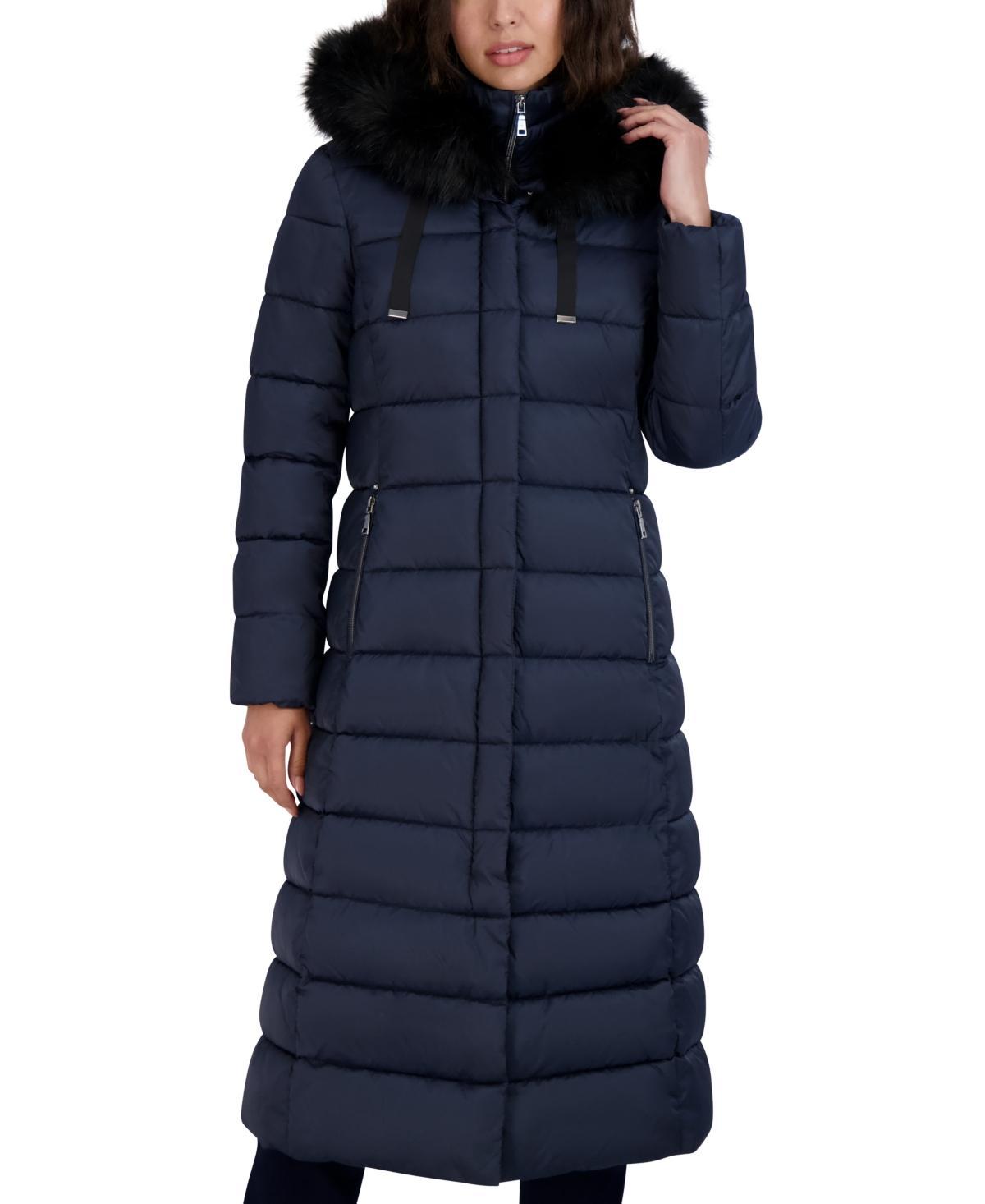 Tahari Womens Maxi Shine Bibbed Faux-Fur-Trimmed Hooded Puffer Coat Product Image