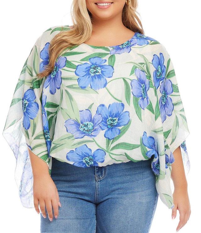 Karen Kane Plus Size Floral Scoop Neck Asymmetric 3/4 Bell Sleeve Blouse Product Image