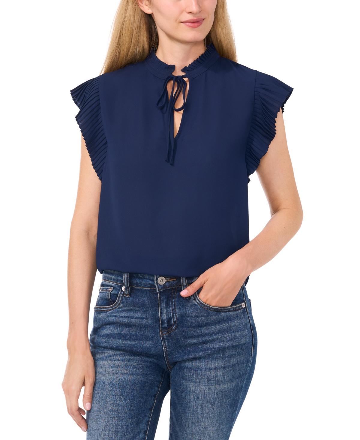 CeCe Womens Pleated Flutter-Sleeve Tie-Neck Blouse Product Image