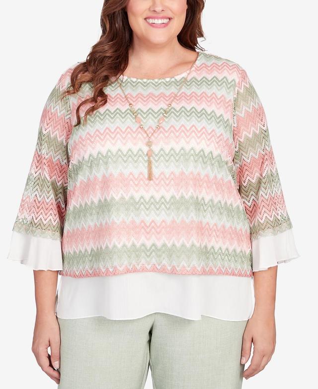 Alfred Dunner Plus Size English Garden Zig Zag Texture Top with Necklace Product Image