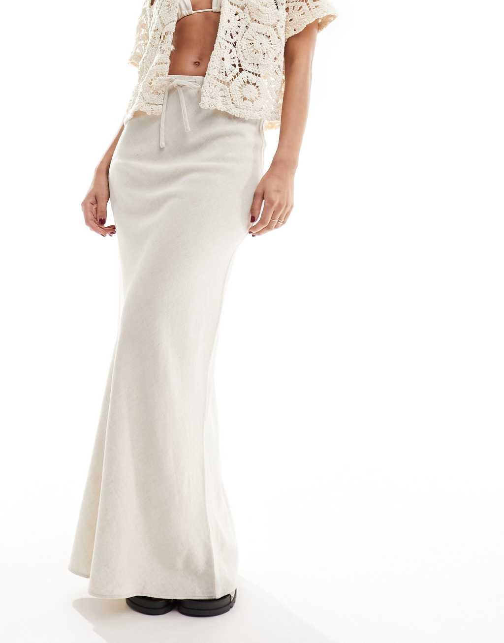 ASOS DESIGN linen look tie waist bias cut maxi skirt in natural Product Image