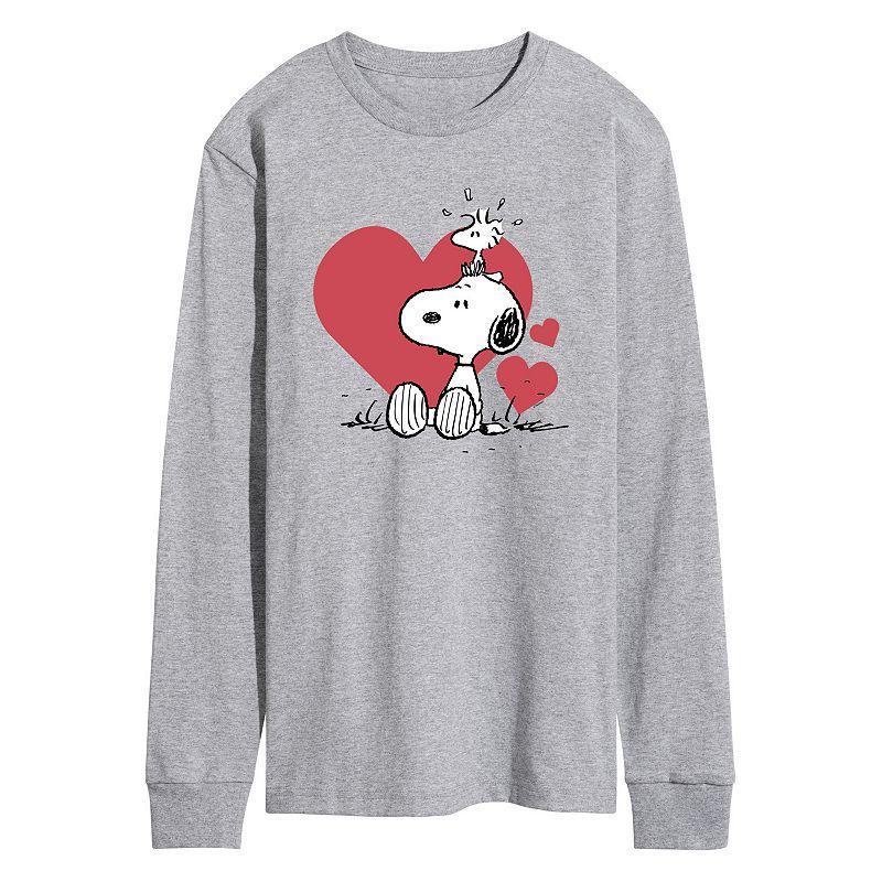 Mens Peanuts Snoopy Woodstock Heart Long Sleeve Graphic Tee Grey Gray Product Image