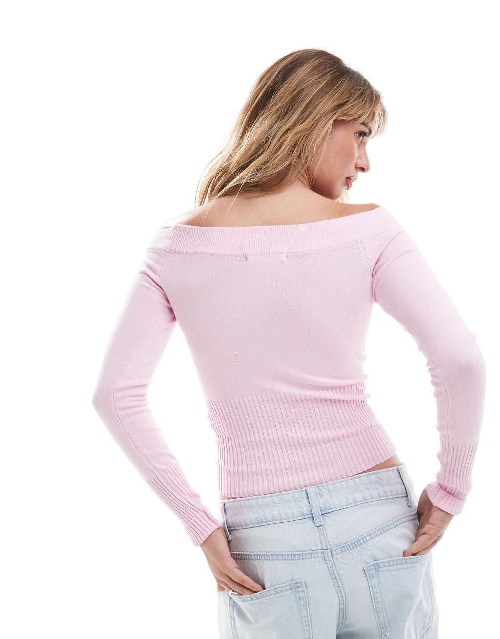 Pull&Bear bardot ribbed knitted sweater in pink Product Image