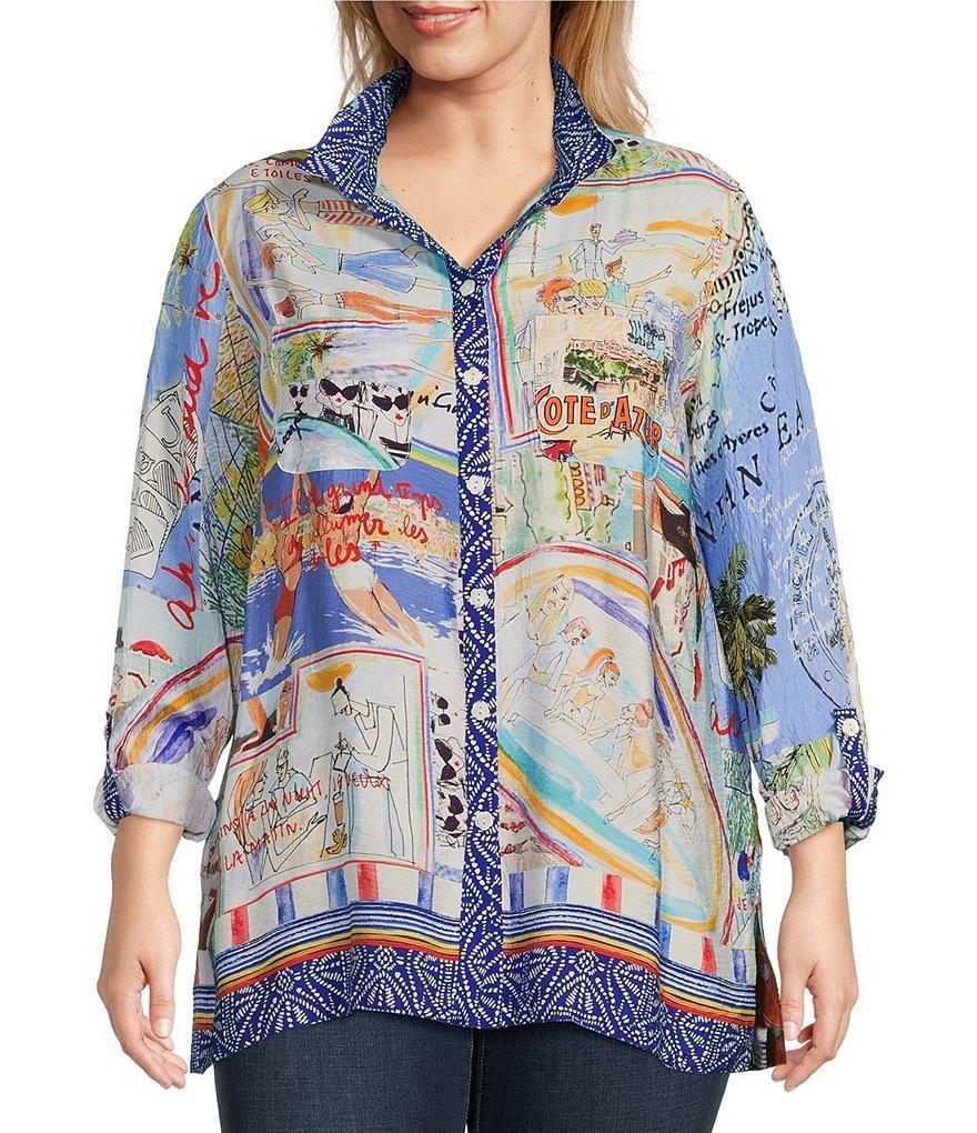 John Mark Plus Size Woven Novelty Print Wire Collar 3/4 Roll-Tab Sleeve Button-Front Tunic Product Image