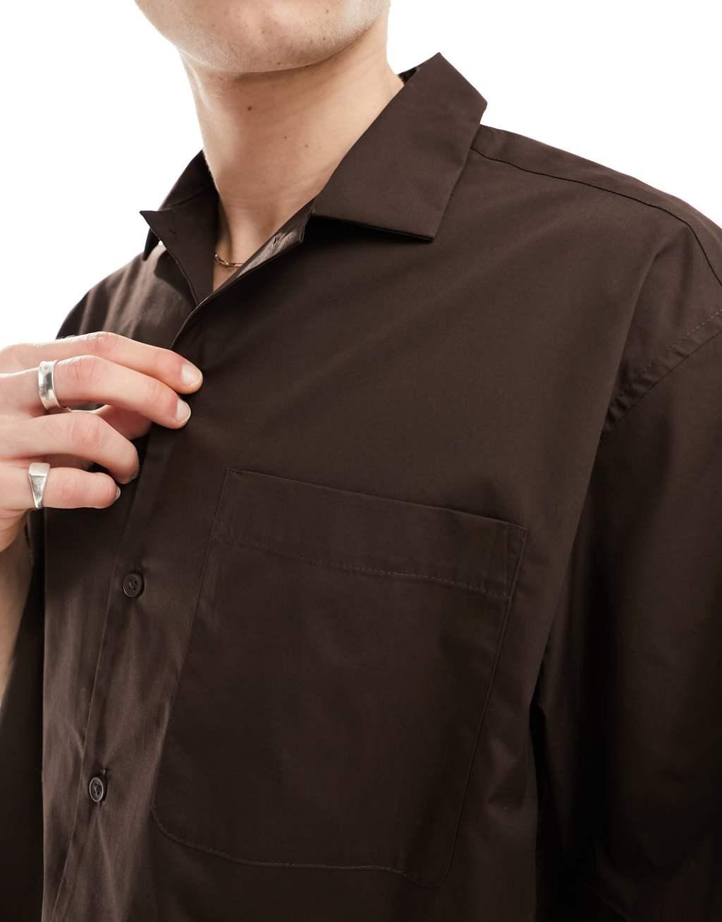 ASOS DESIGN short sleeve oversized poplin shirt in dark brown Product Image