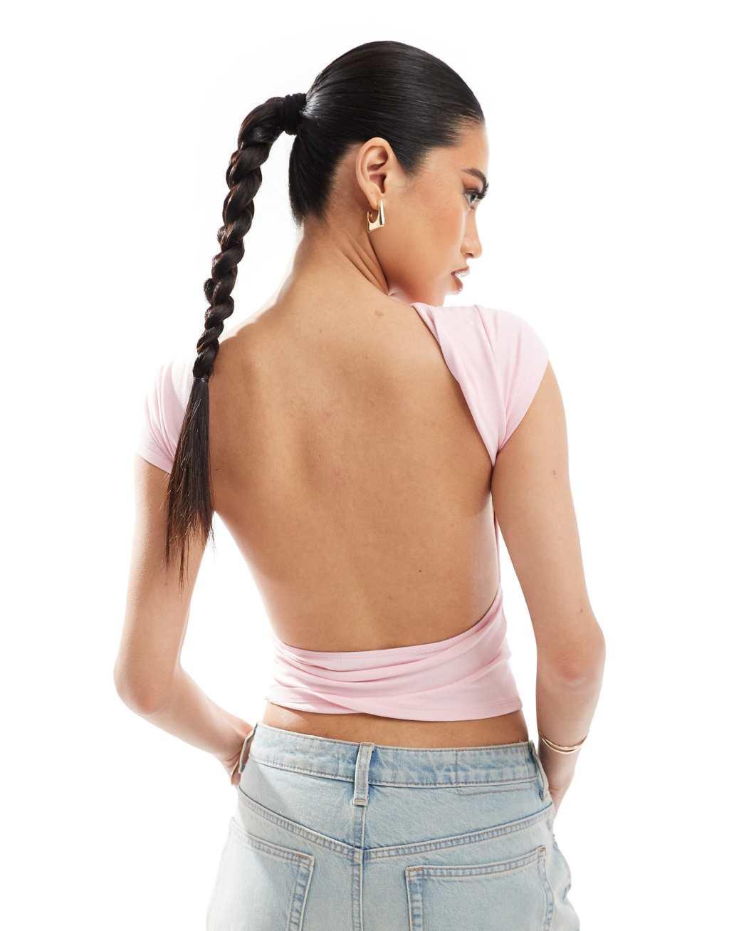 ASOS DESIGN cap sleeve top with open back in pink Product Image