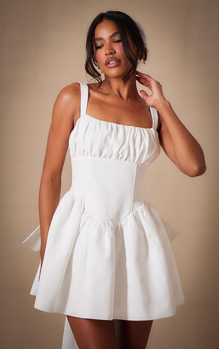 Premium White Woven Bow Detail Mini Dress Product Image