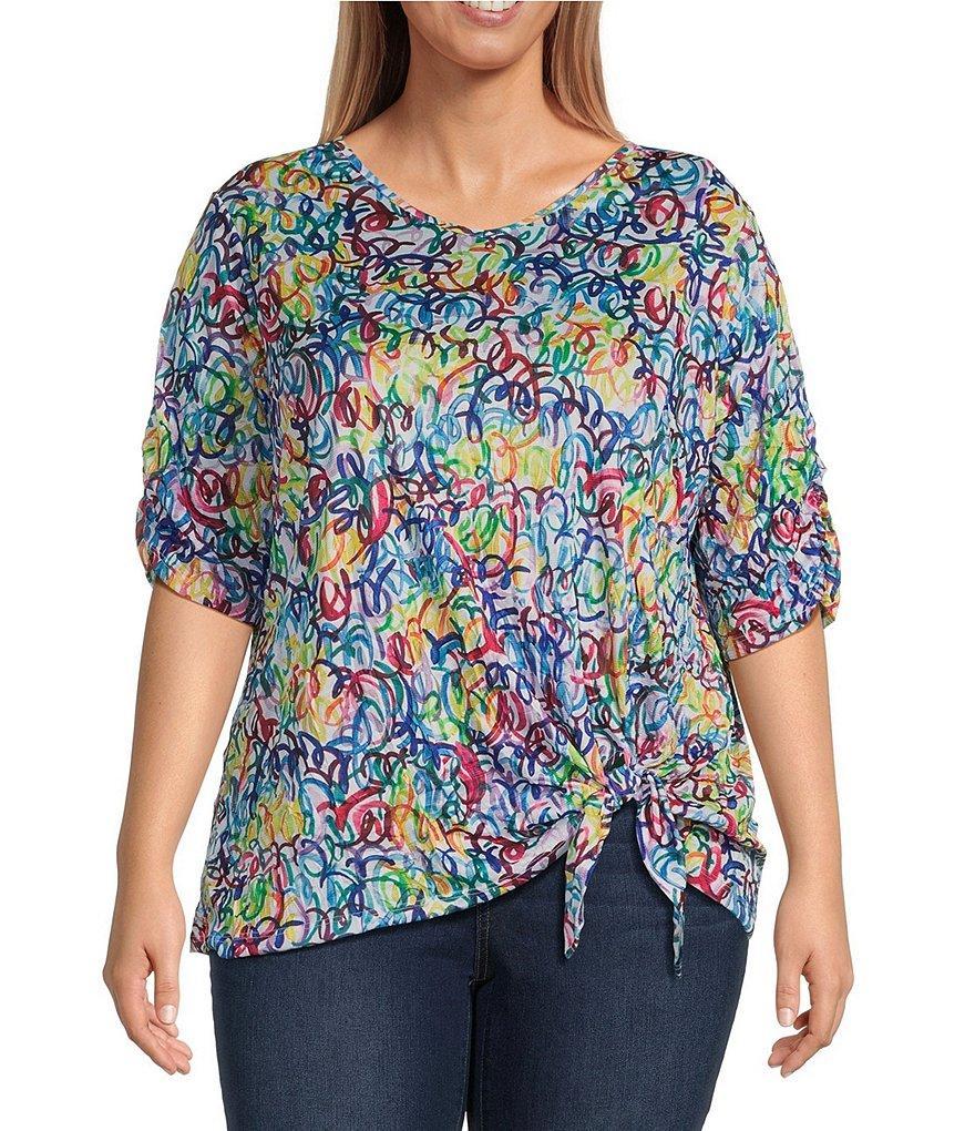 Ali Miles Plus Size Crinkle Knit Printed V-Neck Elbow Sleeve Side Tie Tunic product image